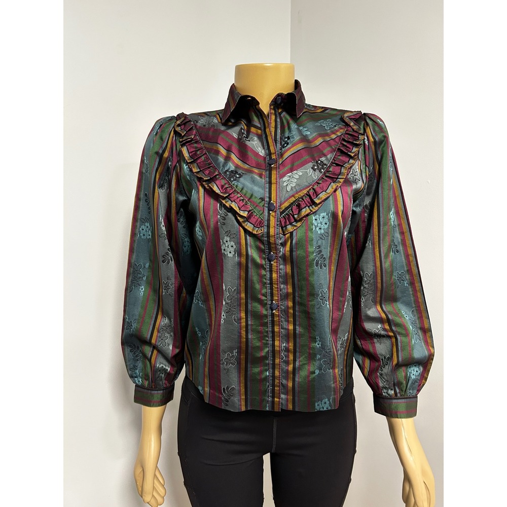Vintage Style Ruffle Front Floral Embroidered Striped Blouse Teal Burgundy Gold